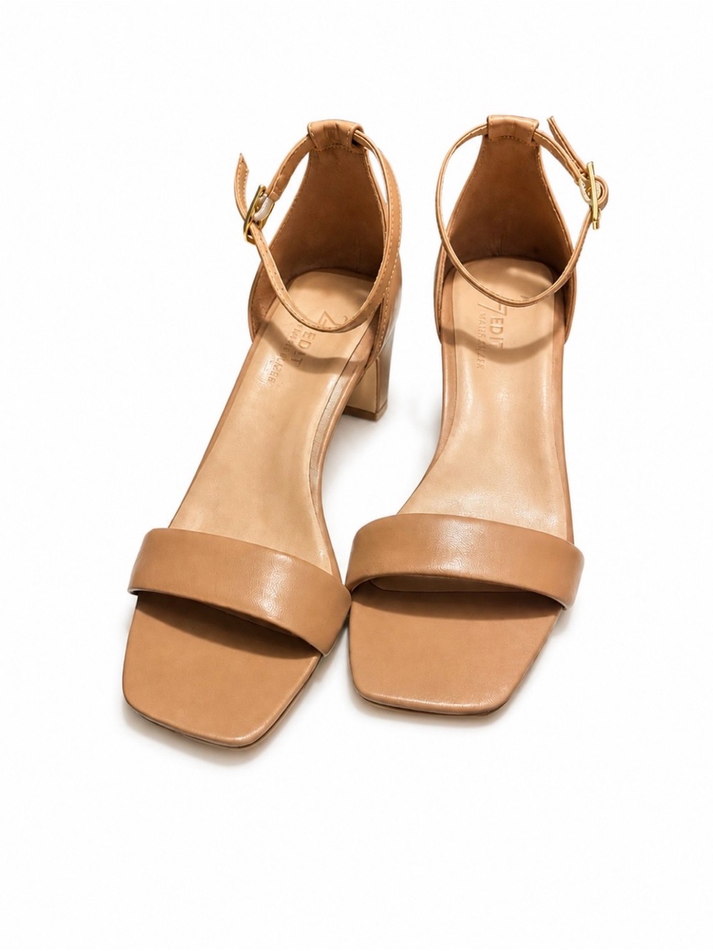27 EDIT Tan Leather Square-Toe Block Heel Sandals with Ankle Strap